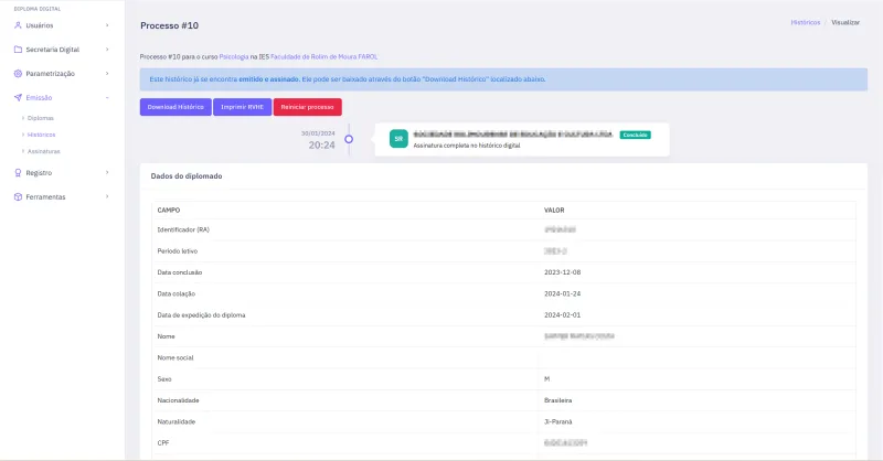 Processo de emissão de diploma digital com timeline