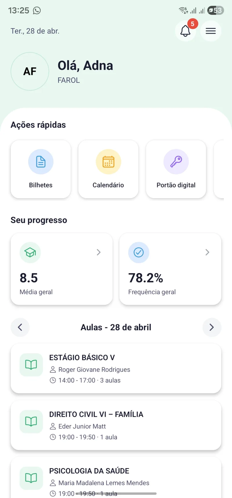App CBK — tela inicial do aluno