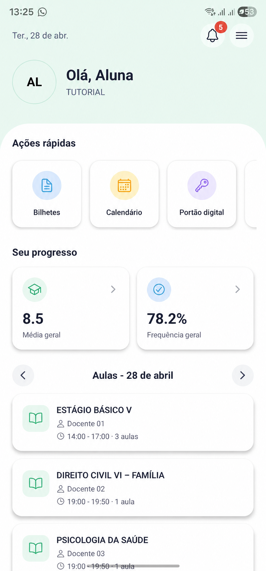 App do Aluno: início, calendário e aulas