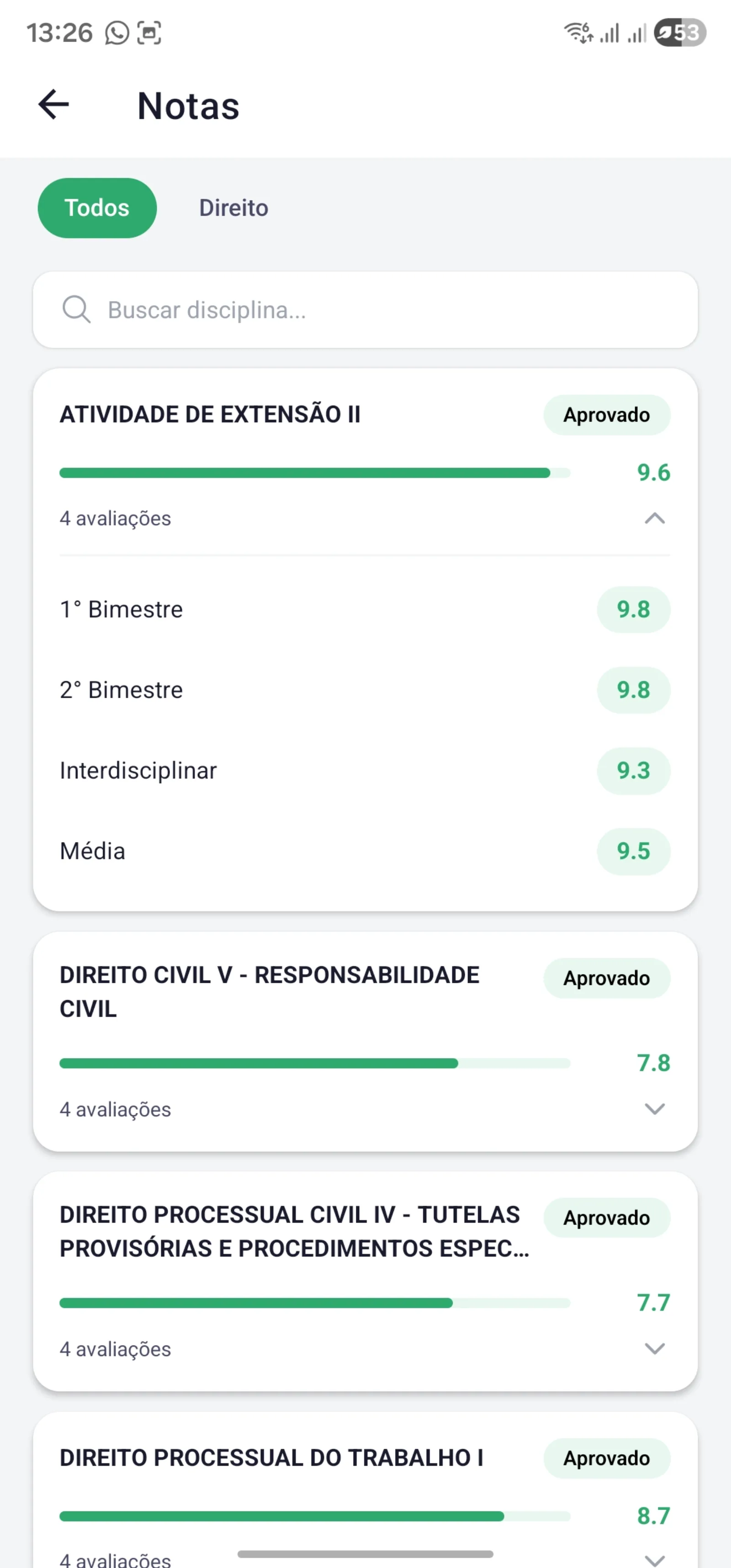 App do Aluno: notas e médias por disciplina