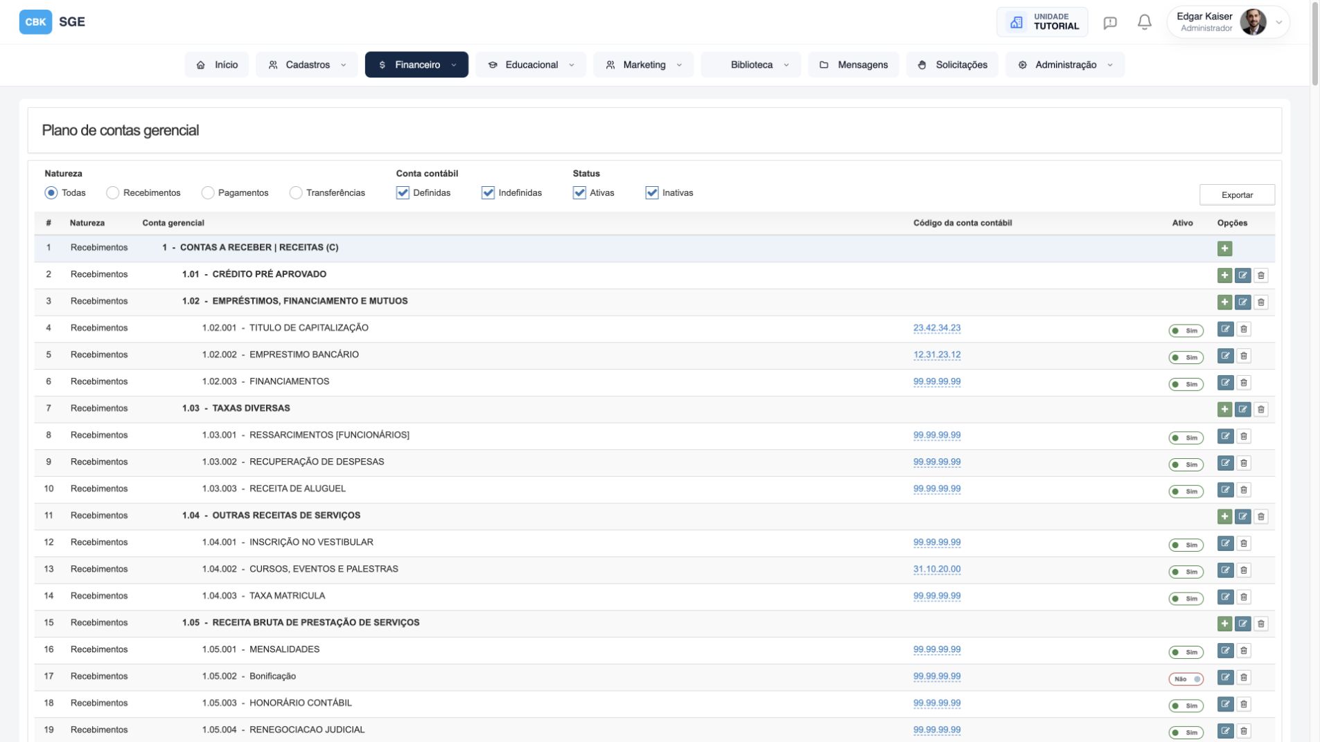 Financeiro — plano de contas