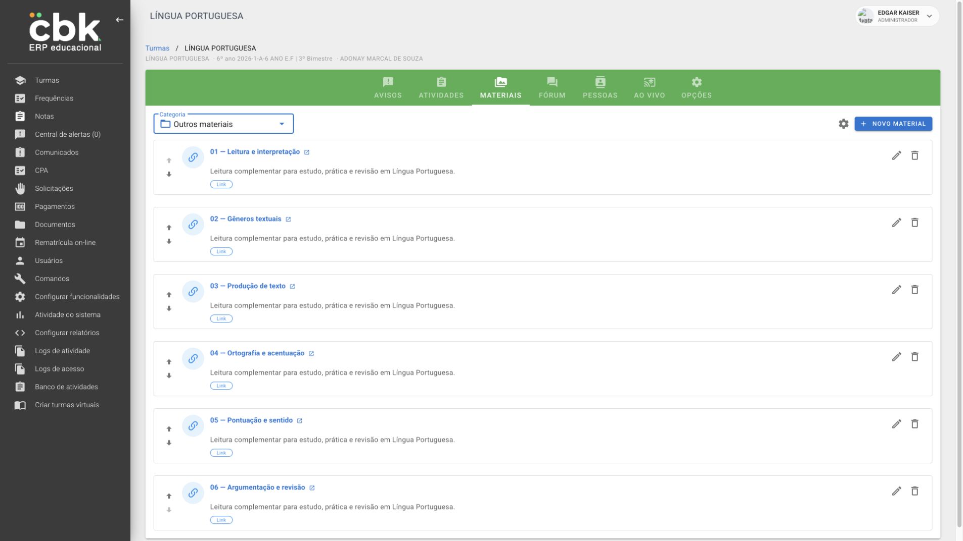 AVA — materiais didáticos organizados por disciplina