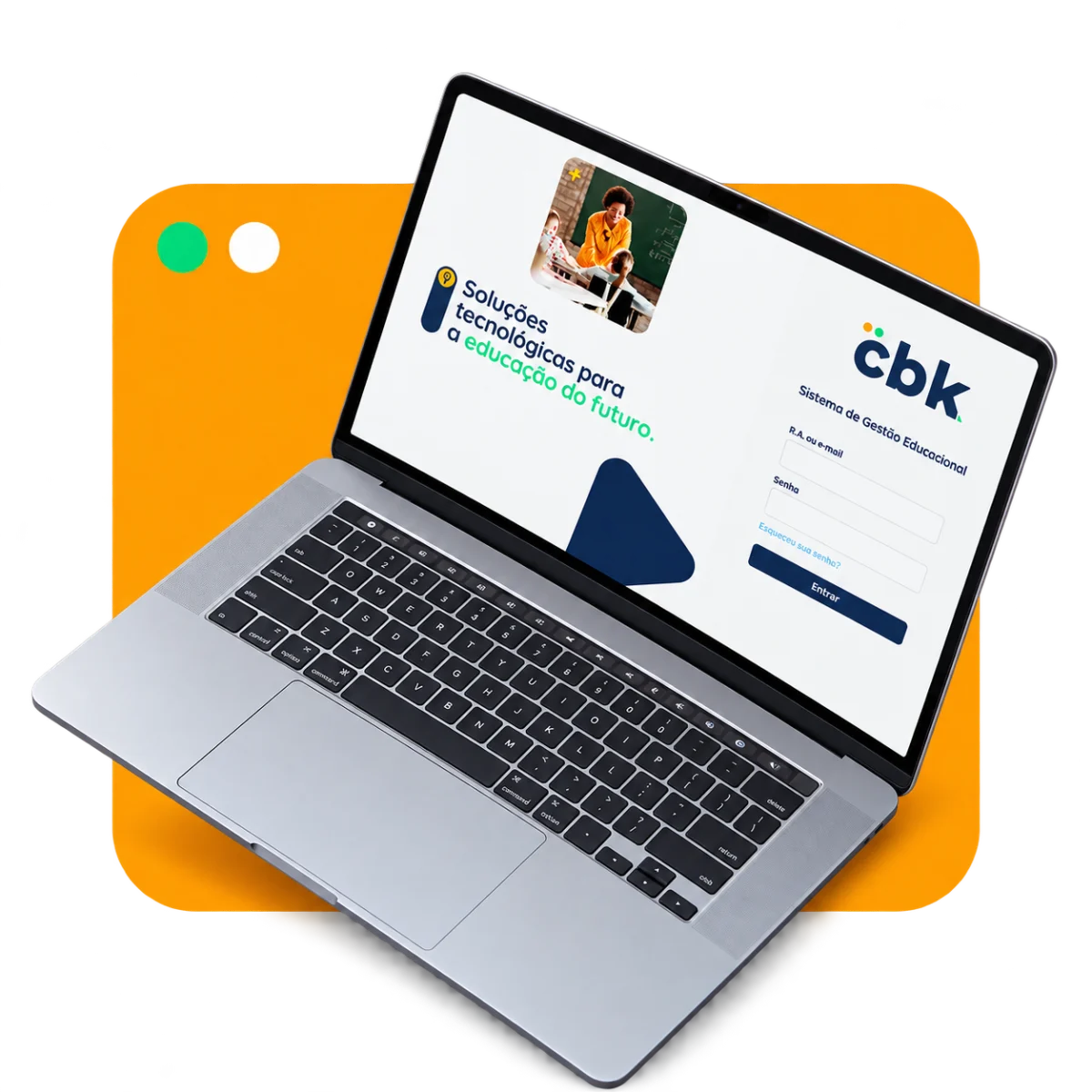 Mockup ilustrativo de notebook com a marca CBK e tela de acesso ao sistema educacional