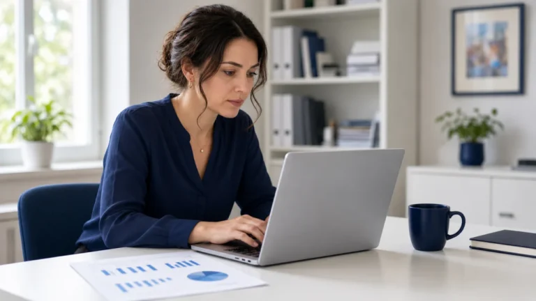 Profissional do financeiro escolar trabalha no notebook ao lado de relatórios impressos.