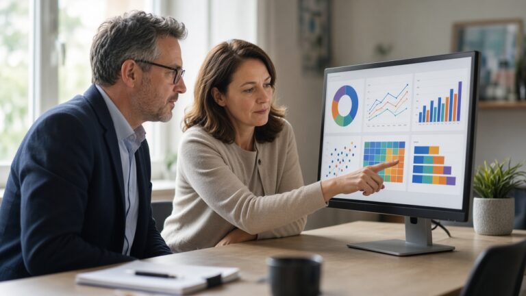 Dois gestores de uma instituição de ensino analisando um painel de indicadores com gráficos em um monitor, em sala de reunião
