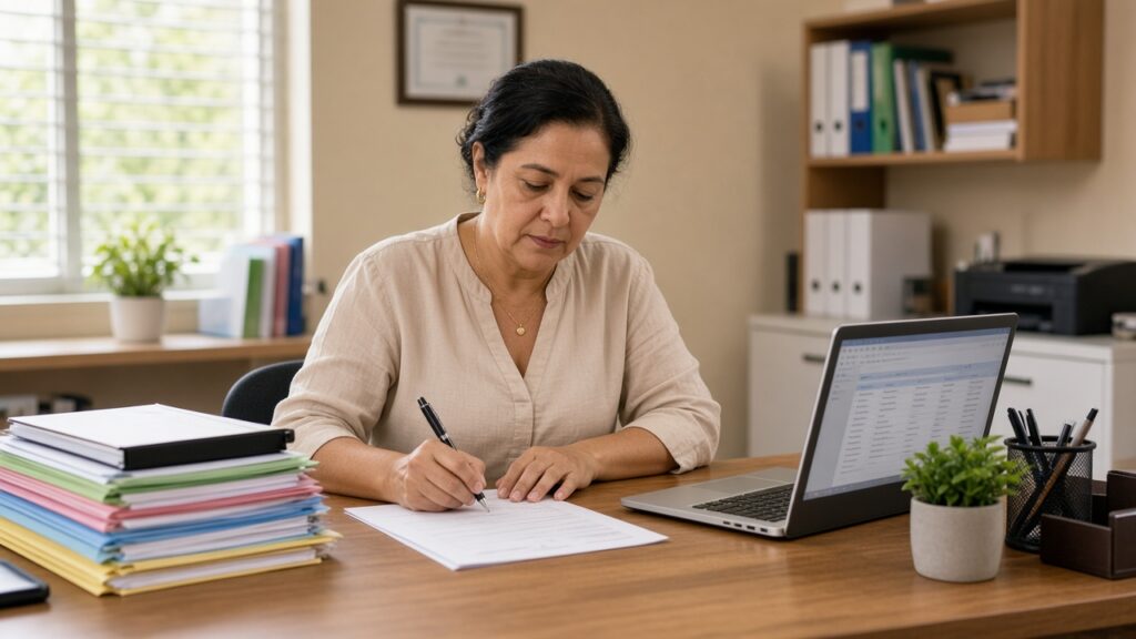 Secretária escolar assina contrato de rematrícula em mesa de escritório, ao lado de notebook com sistema de gestão escolar e pastas coloridas
