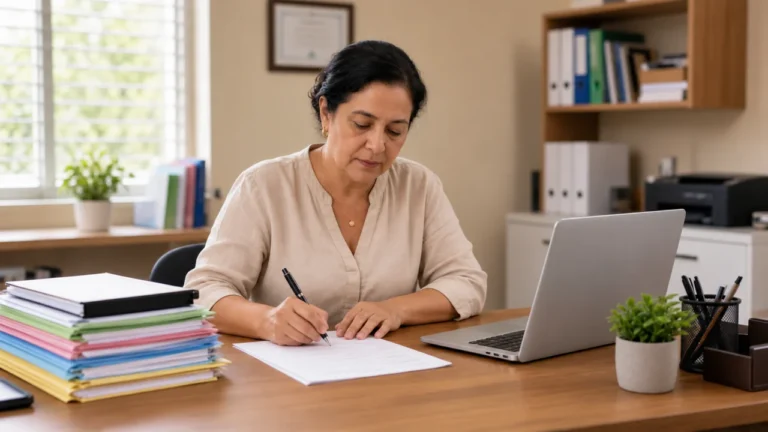 Secretária escolar assina um documento de rematrícula ao lado de um notebook e pastas organizadas.